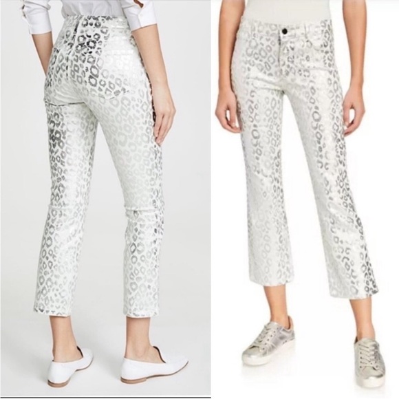 J Brand Selena Snow Leopard Pants Crop Bootcut  Ribbed Metallic Coated Sz 28 - Picture 1 of 16